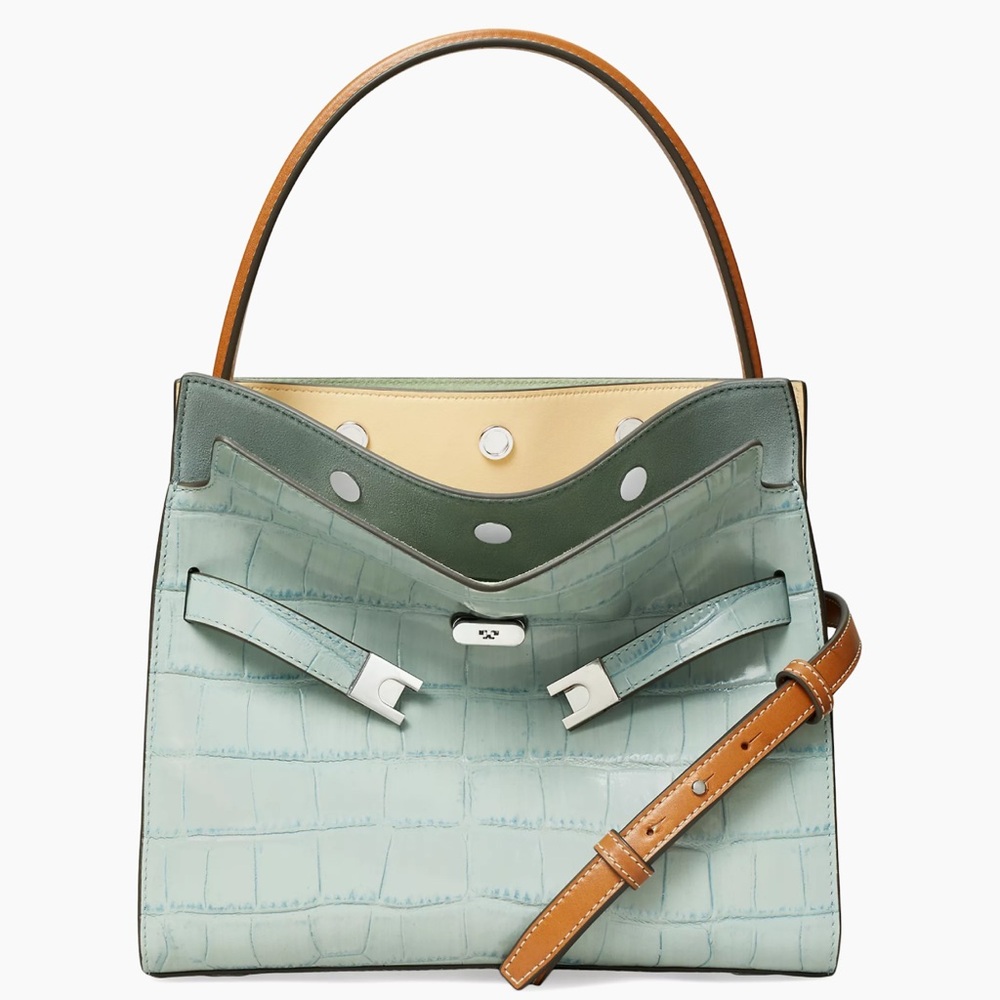 Tory Burch Lee Radziwill Crocodile-Embossed Leather Bag in Celadon Blue